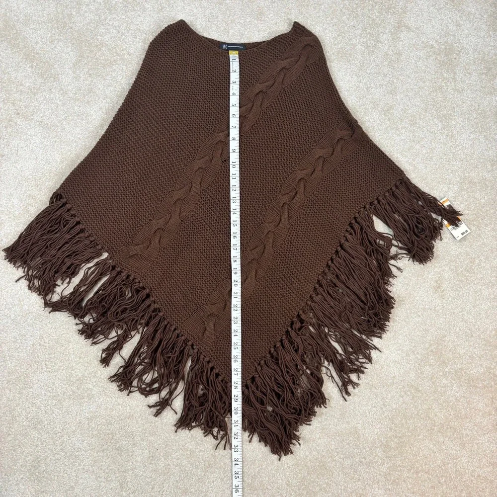 INC International Concepts Brown Cable Knit Fringe Poncho Roasted Chestnut SM